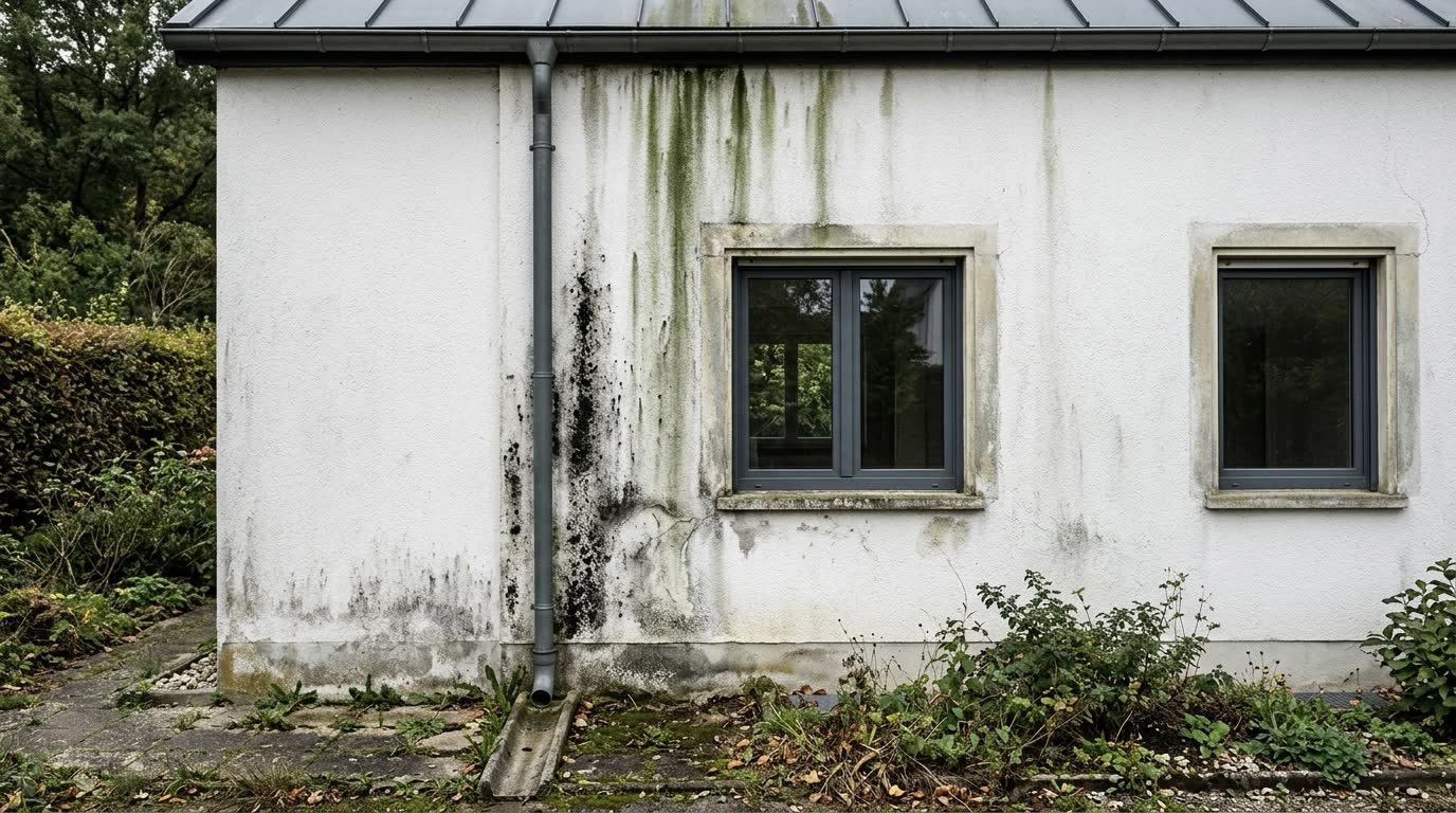Vorher – Hausfassade vorher mit Algen und Schmutz, nachher strahlend weiß gereinigt