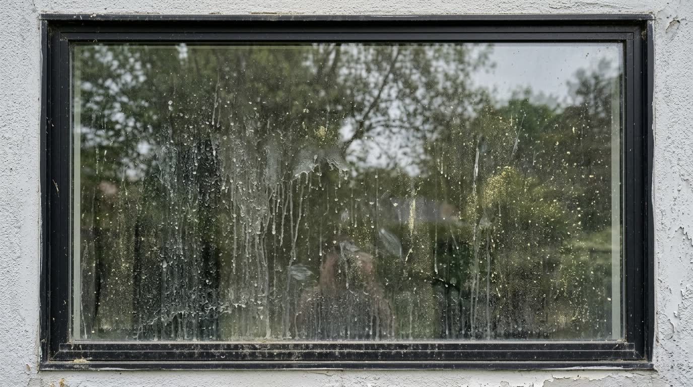 Vorher – Fenster vorher mit Wasserschlieren, nachher streifenfrei gereinigt