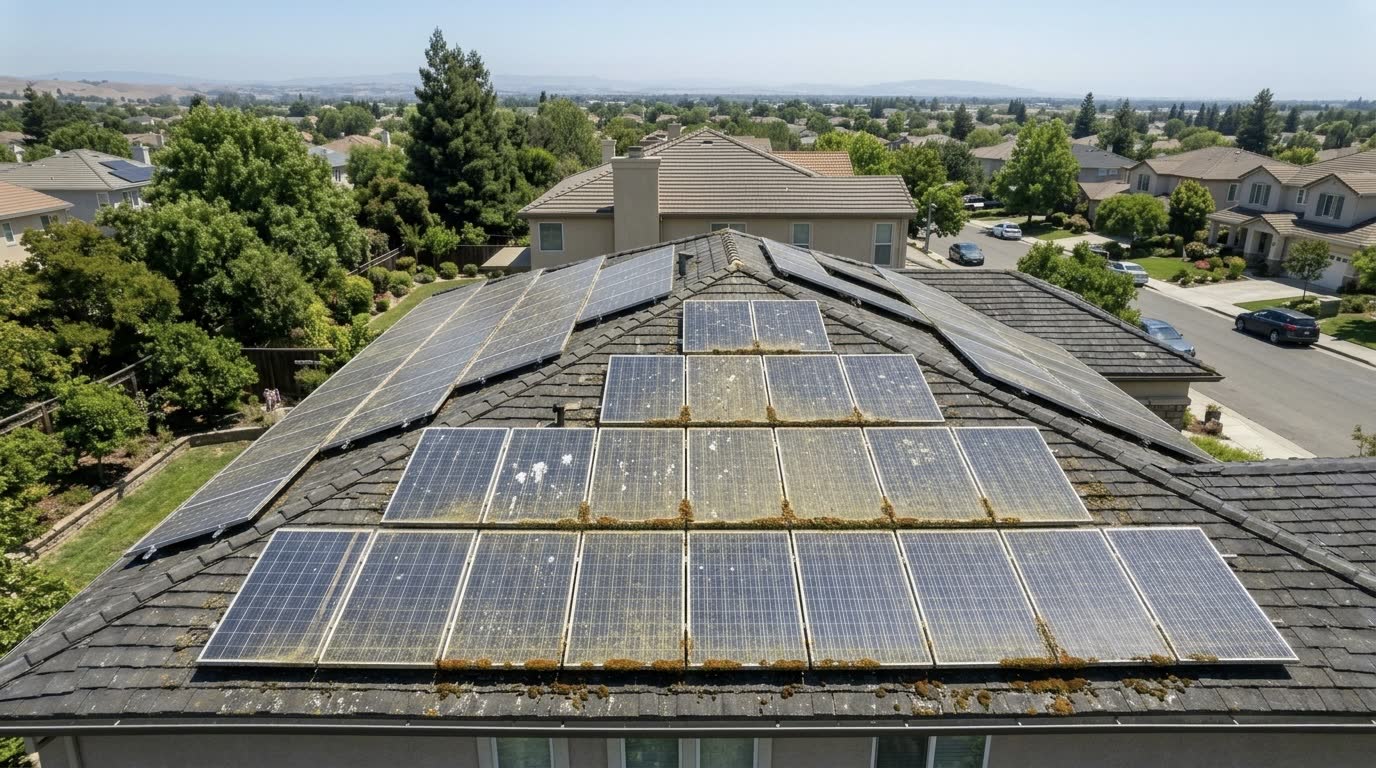 Vorher – Solar-Module vorher verschmutzt mit Flechten und Vogelkot, nachher fachgerecht gereinigt